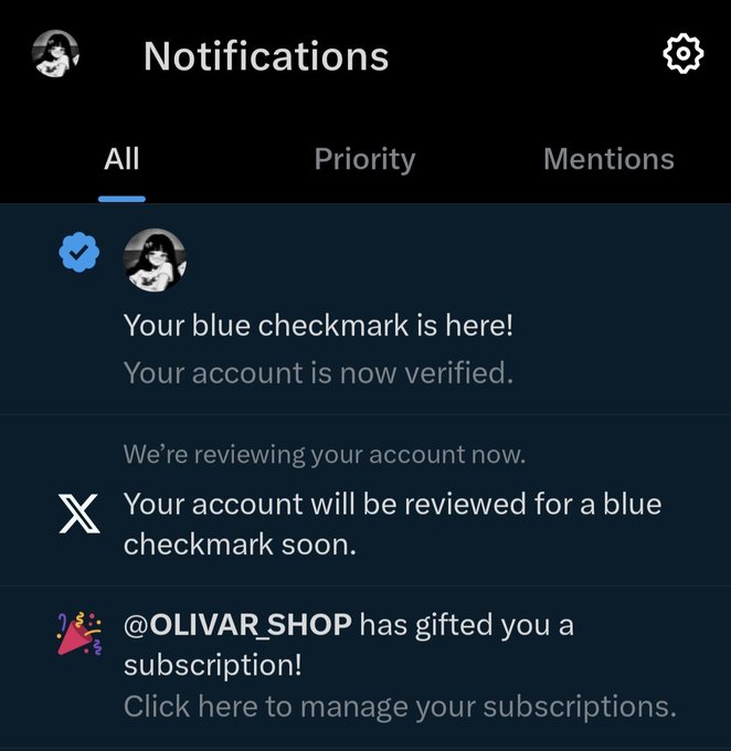 X (Twitter) notification screenshot 4: @OLIVAR_SHOP has gifted you a subscription — blue checkmark verified on the account