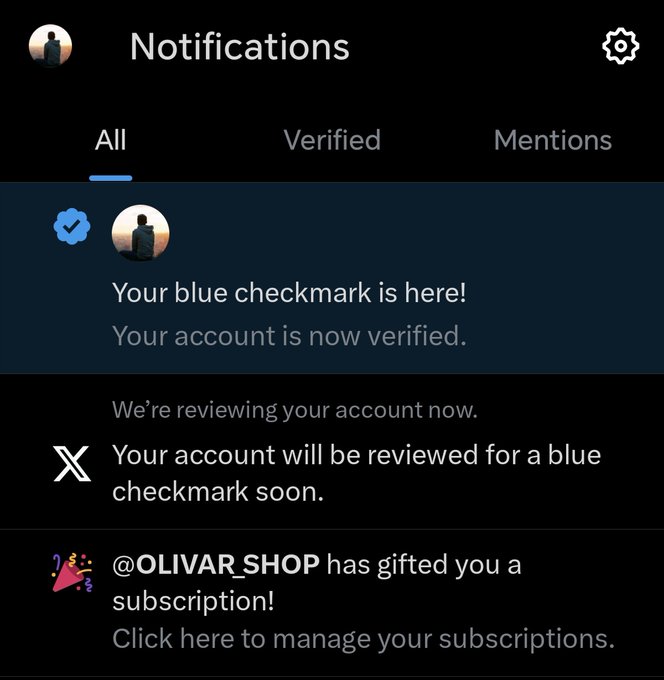 X (Twitter) notification screenshot 3: @OLIVAR_SHOP has gifted you a subscription — blue checkmark verified on the account