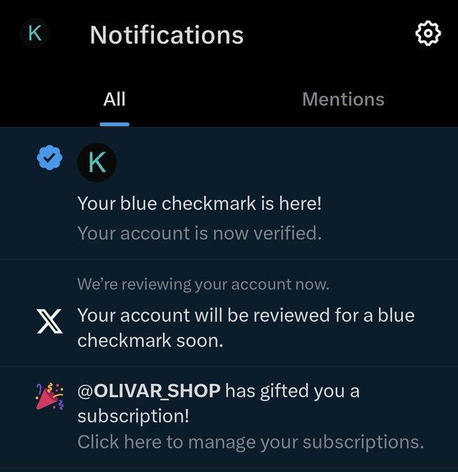 X (Twitter) notification screenshot 5: @OLIVAR_SHOP has gifted you a subscription — blue checkmark verified on the account