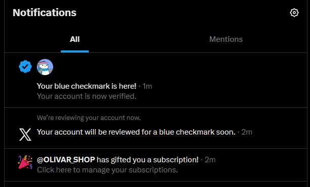 X (Twitter) notification screenshot 2: @OLIVAR_SHOP has gifted you a subscription — blue checkmark verified on the account