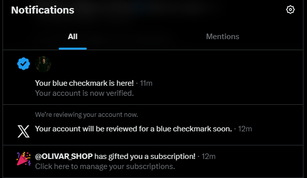 X (Twitter) notification screenshot 1: @OLIVAR_SHOP has gifted you a subscription — blue checkmark verified on the account